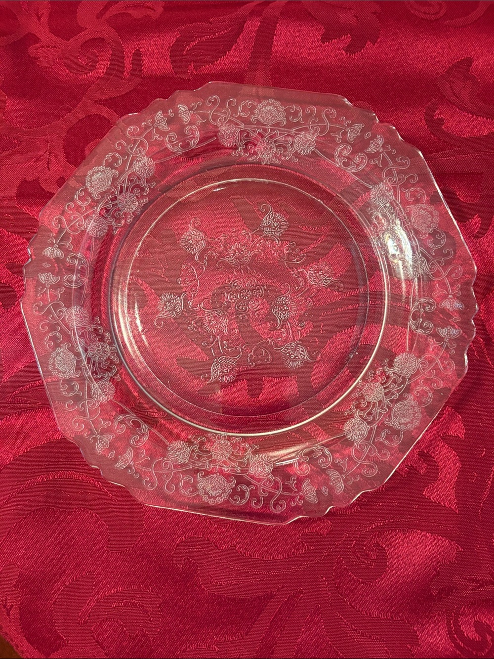 Vintage, elegant  Floral Etched Glass Serving Plate 8 3/4”
